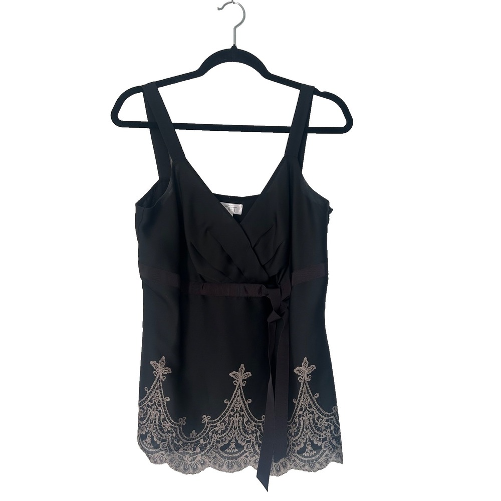 Ann Taylor Loft Cami Size 12 Black Surplice V-Neck Ribbon Tie Lace Embroidered
